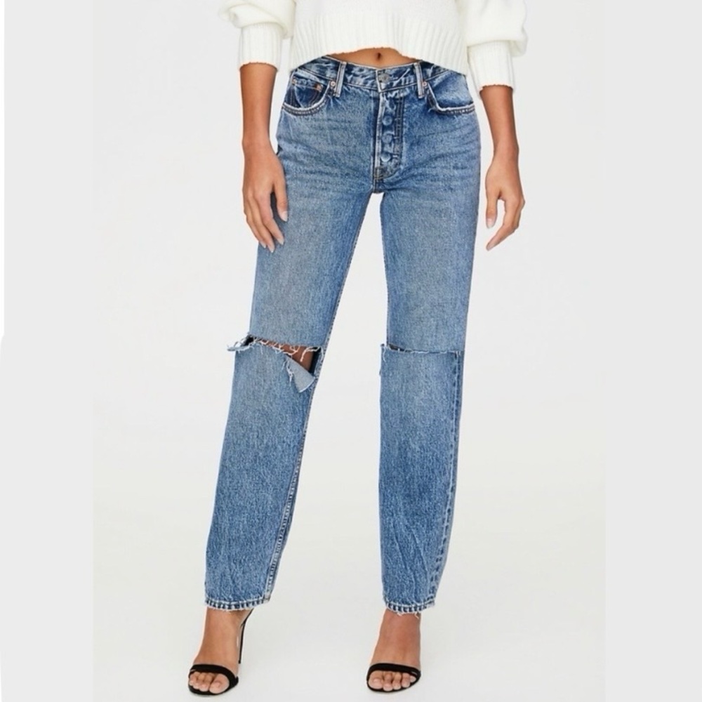 GRLFRND Helena high-waisted medium-wash distressed jeans. 💙
